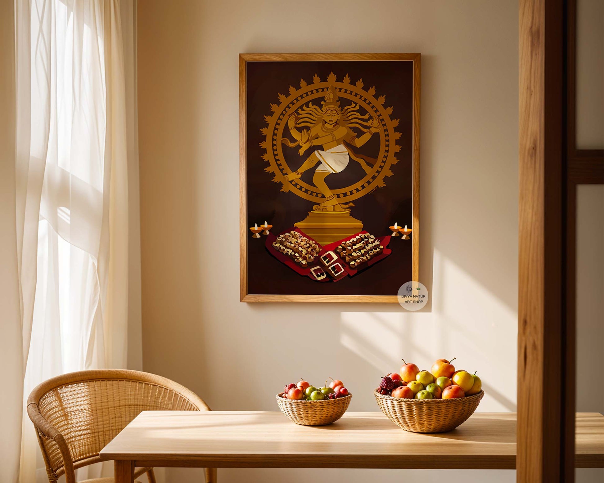 Modern cultural art print of Nataraja Shiva with oil lamps and detailed sacred symbolism.