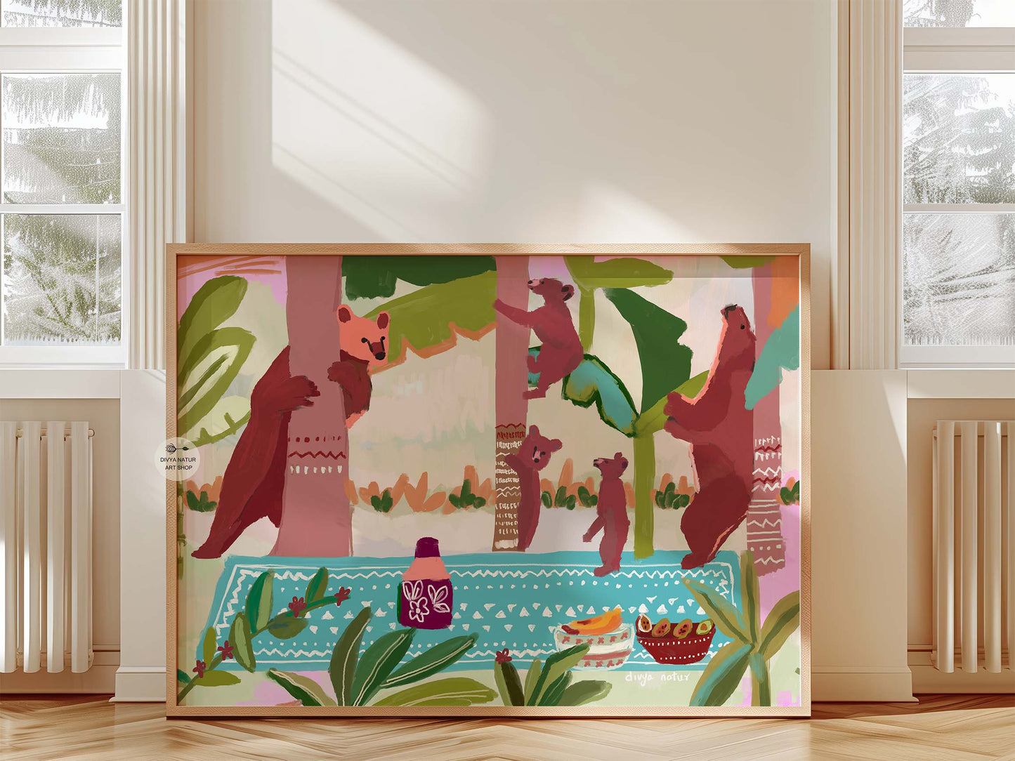 Bears in a tropical jungle with food and playful details, colorful print for nurseries or playrooms