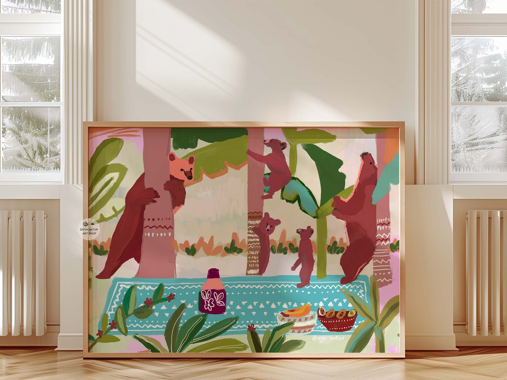 Bears in a tropical jungle with food and playful details, colorful print for nurseries or playrooms