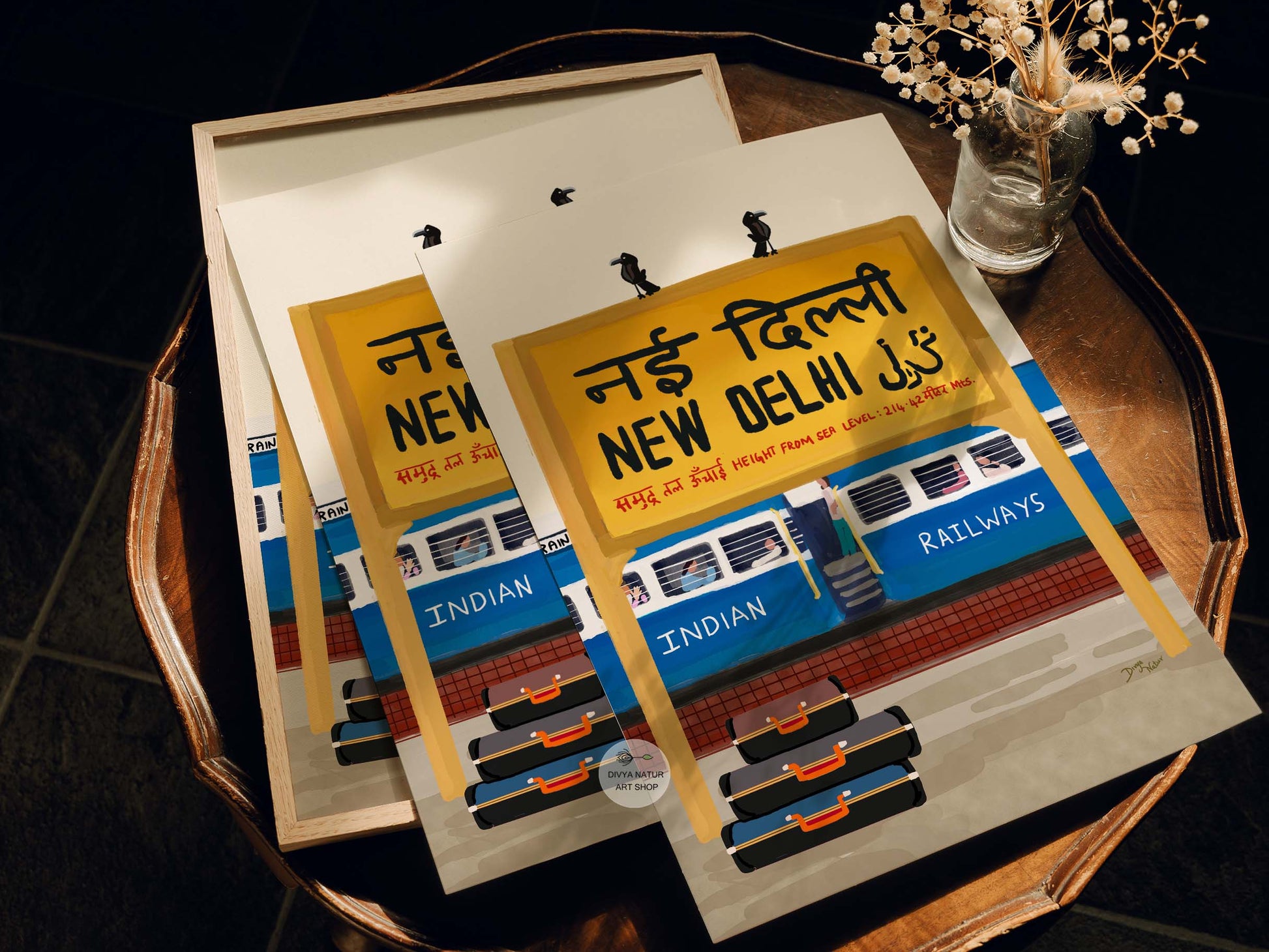 Nostalgic New Delhi Railway Station painting featuring suitcases and vibrant Indian trains.
