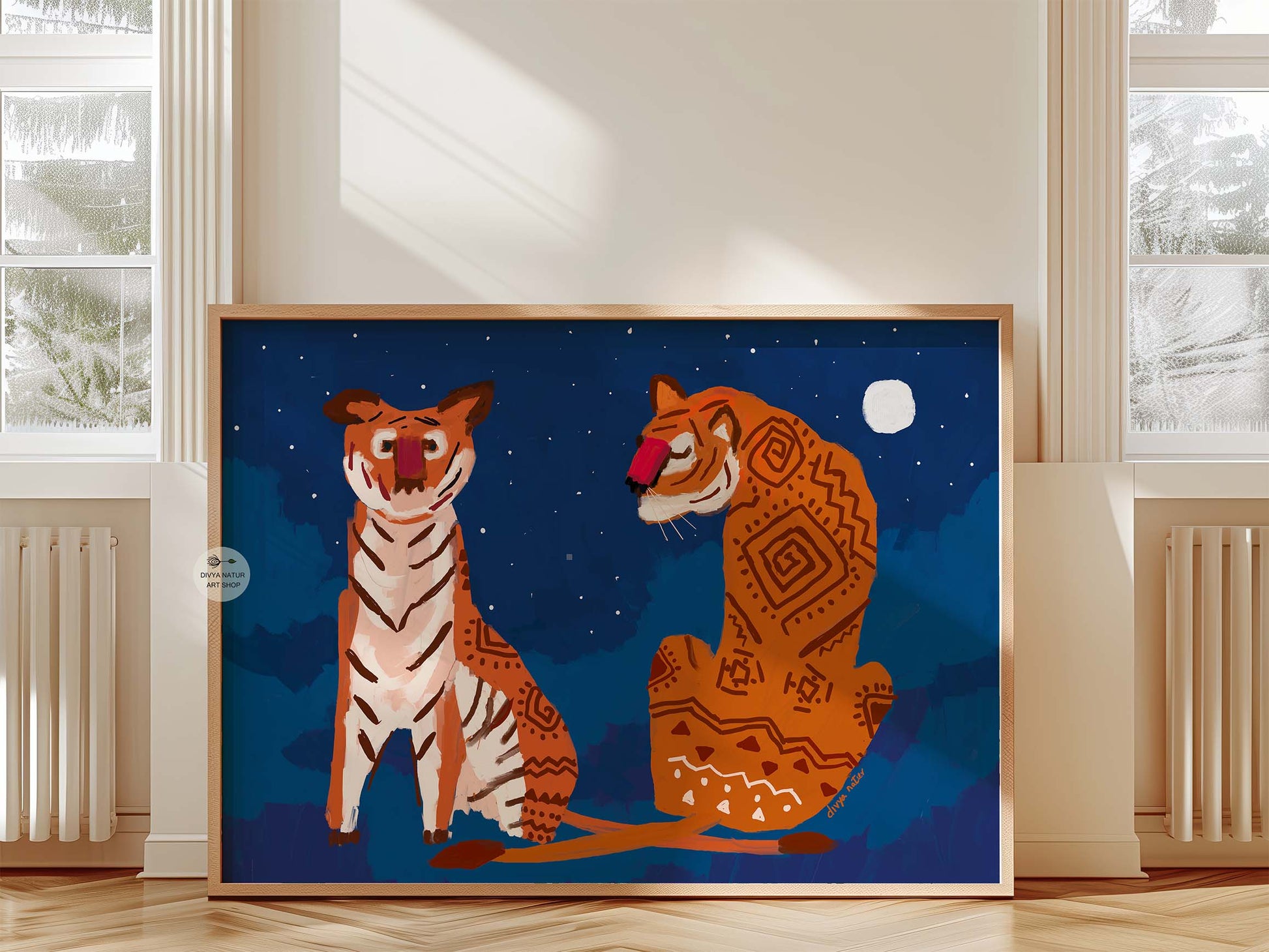 Spiritual tiger artwork with symbolic tribal designs and celestial night sky background