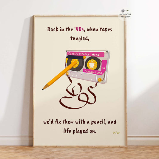 90s cassette tangled with pencil fix art print – Retro music wall decor