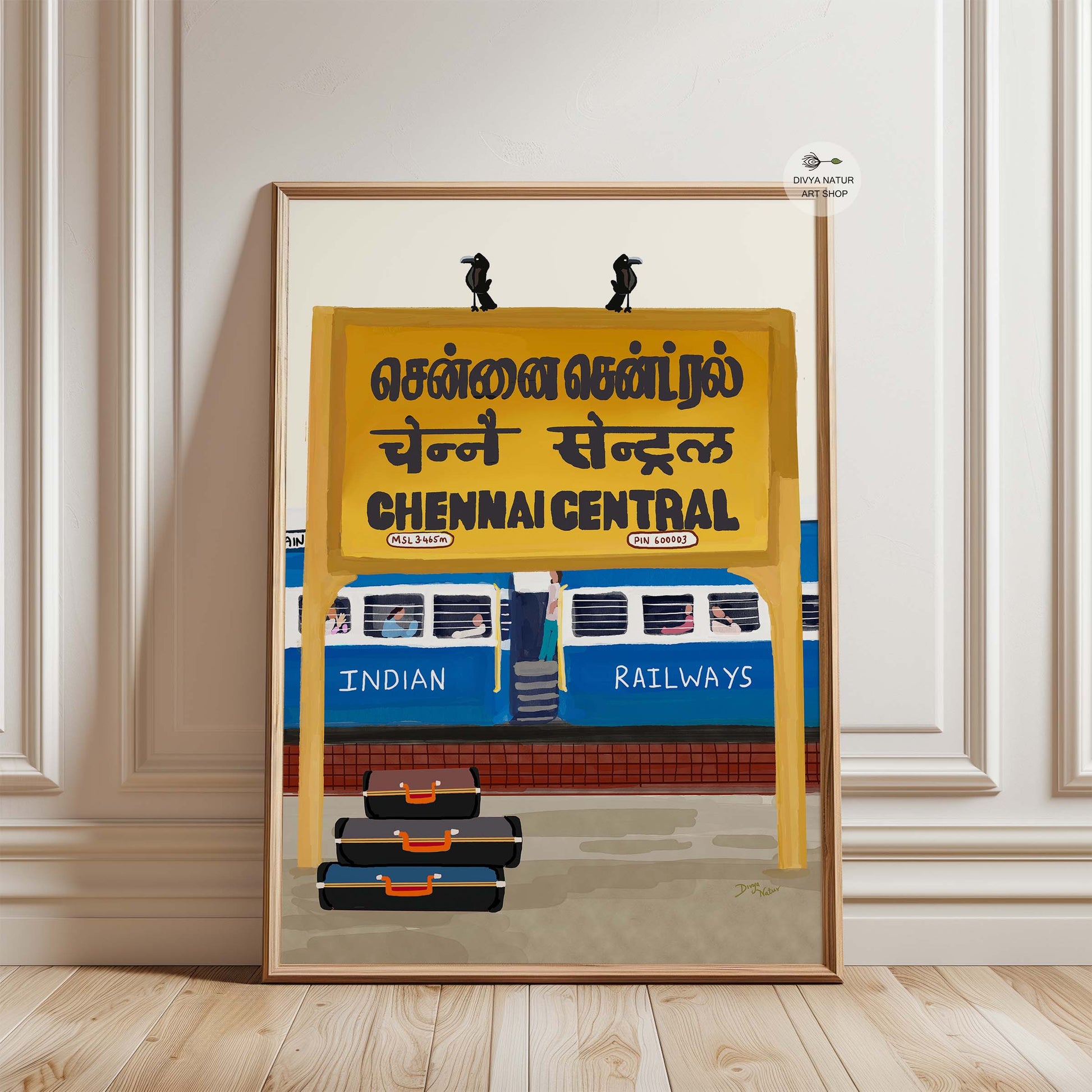 Indian Railways-themed Chennai Central artwork with vibrant blue coaches and passengers.