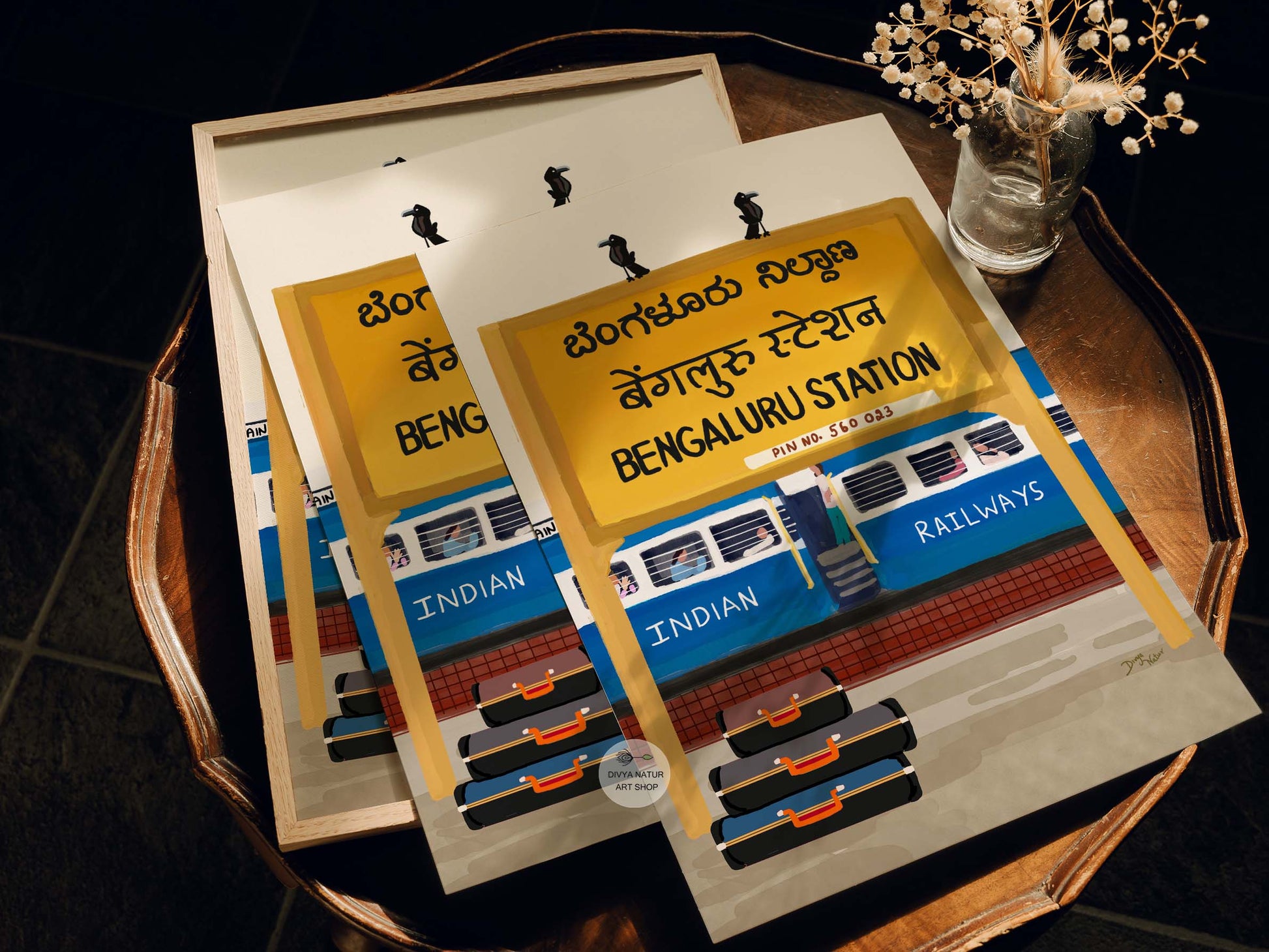 Bengaluru train station hand-painted digital art for travel lovers and Indian culture enthusiasts.