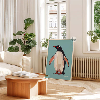 Whimsical penguin artwork with teal background, minimalist design for animal lover gifts