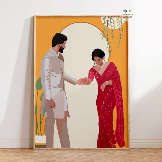 Digital painting of an Indian couple in traditional wedding attire.