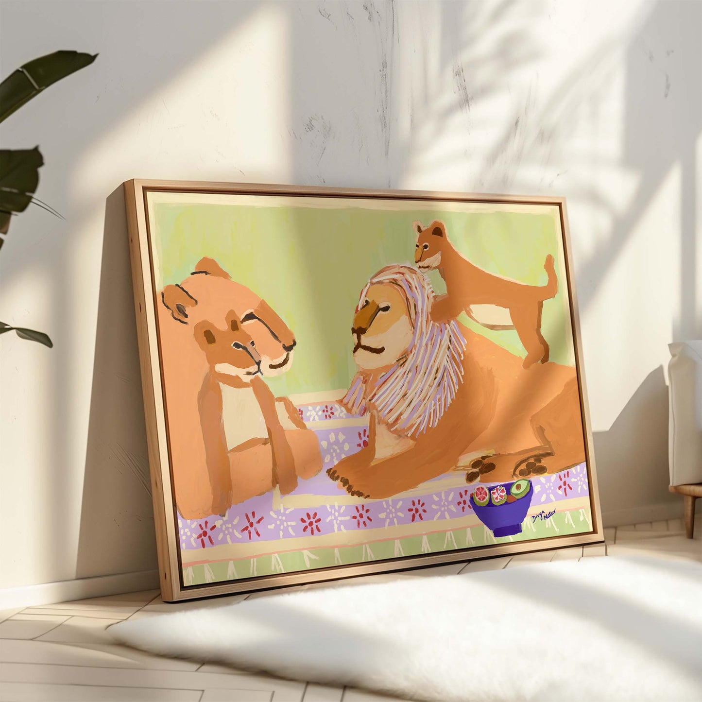 Lion family painting in warm earthy tones with lilac details, whimsical fine art print