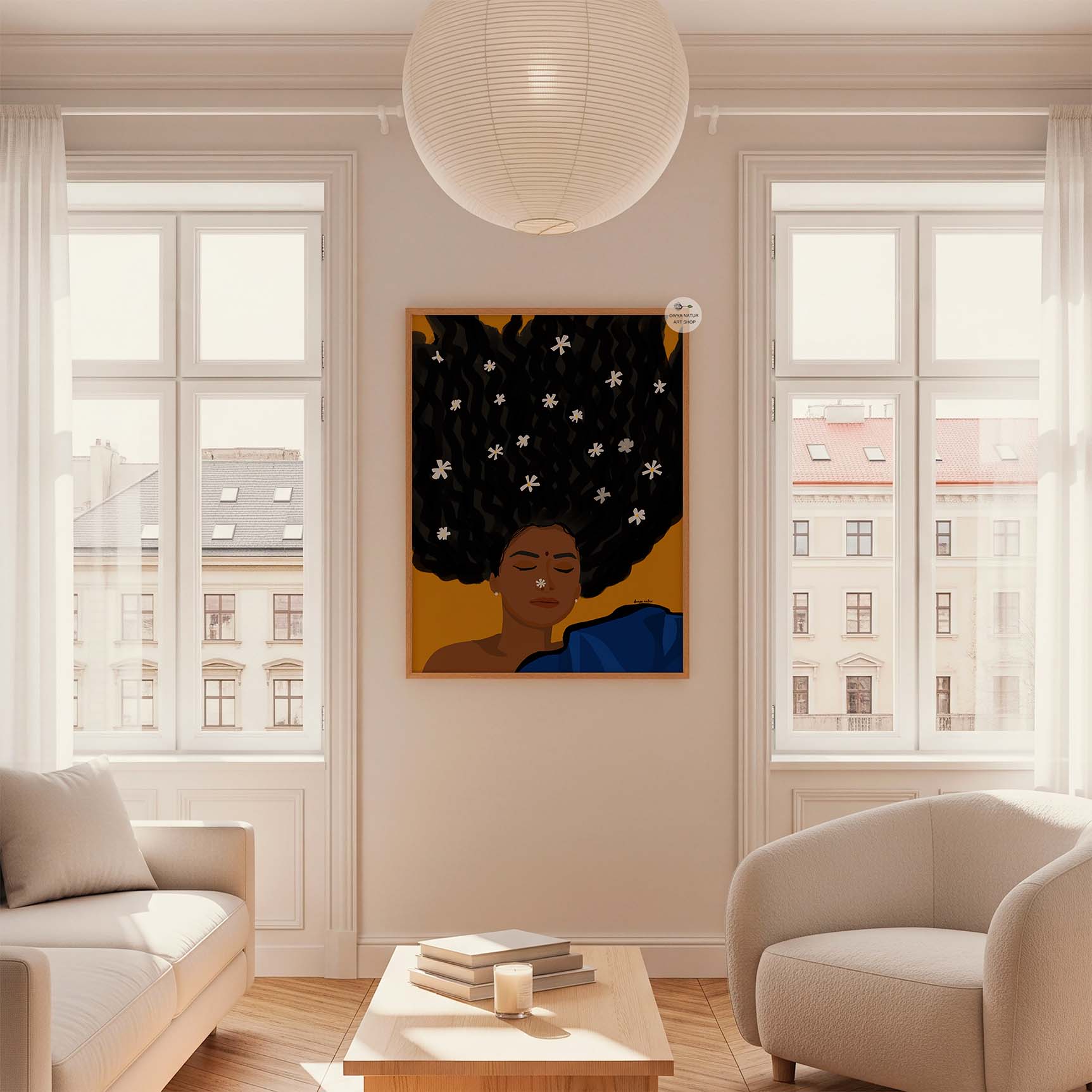 Minimalist Indian portrait featuring woman with natural floral beauty