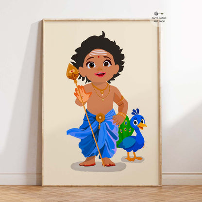 Baby Murugan art print with peacock, blue dhoti, and ornaments in Tamil devotional style