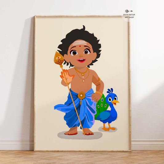 Baby Murugan art print with peacock, blue dhoti, and ornaments in Tamil devotional style