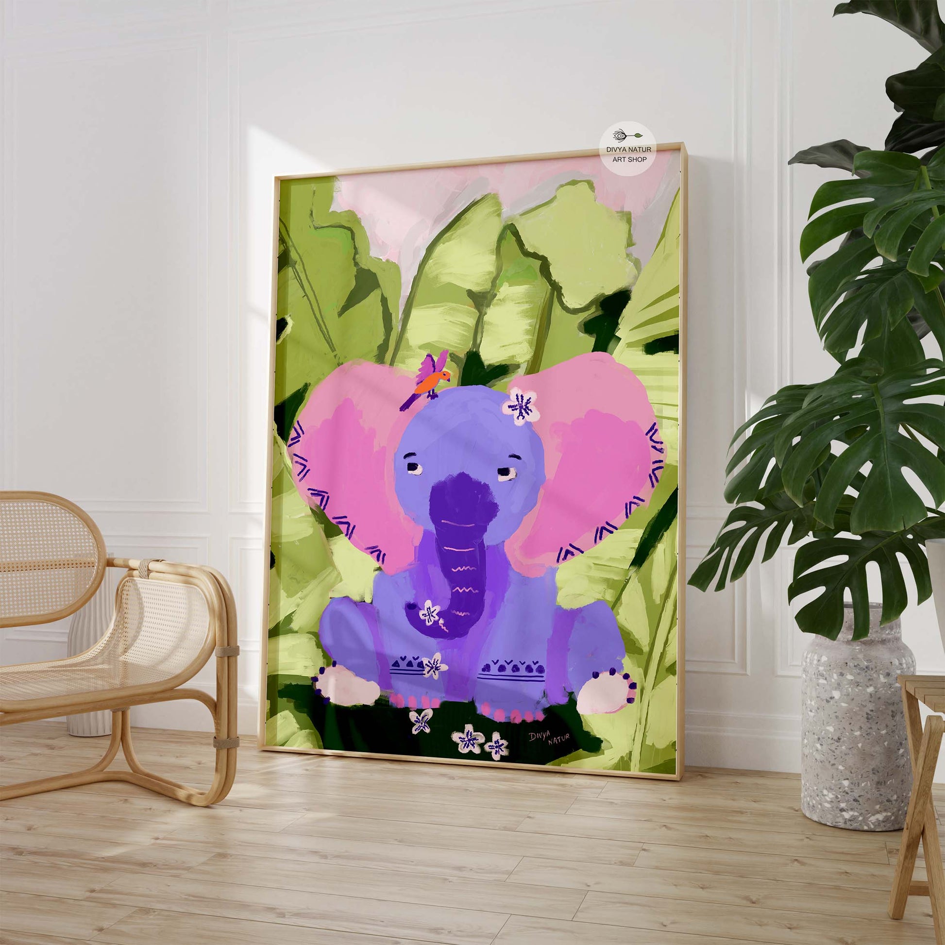 Purple elephant baby room wall decor with lush green jungle background and pink accents