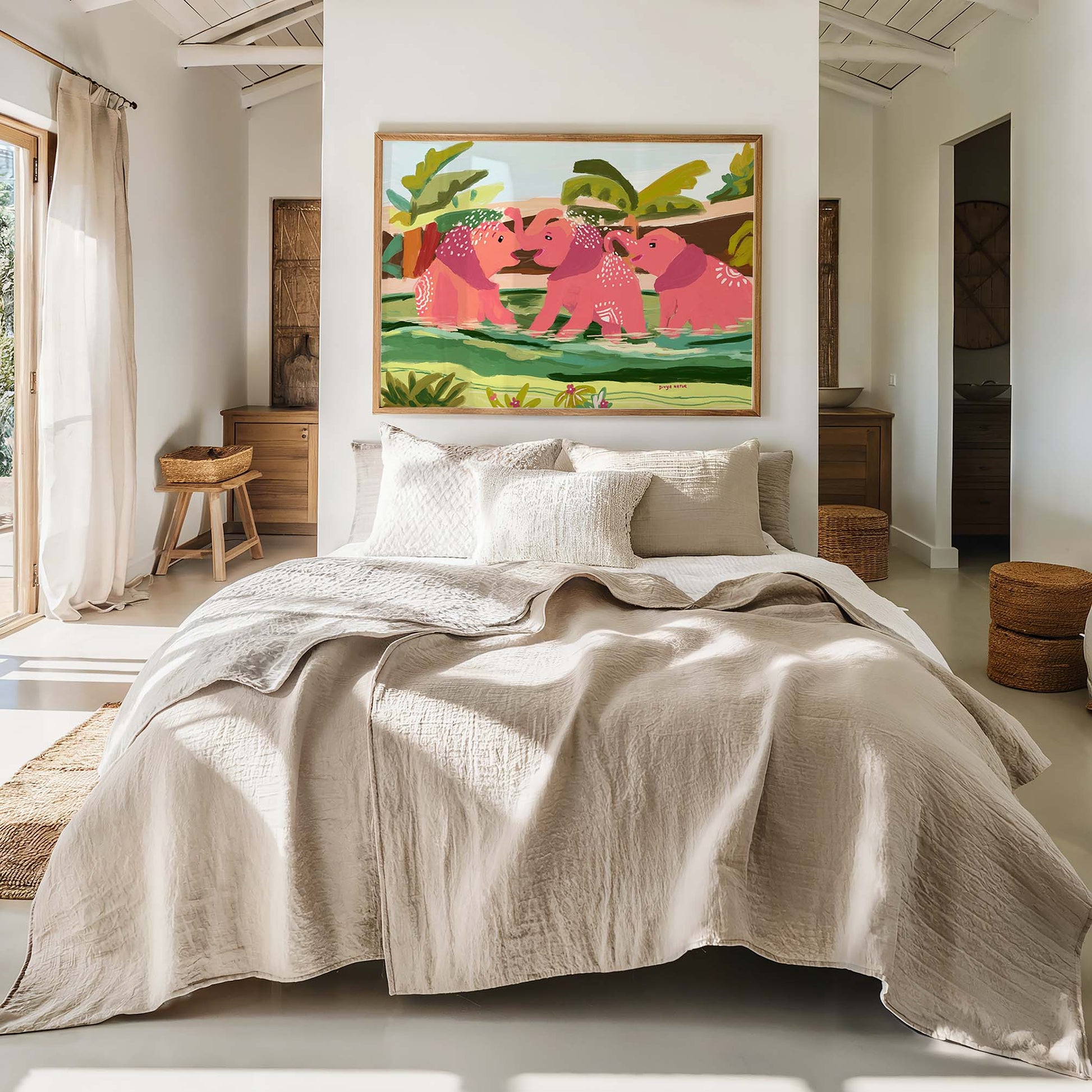 Colorful pink elephants bathing in water, modern wildlife wall art for bohemian interiors