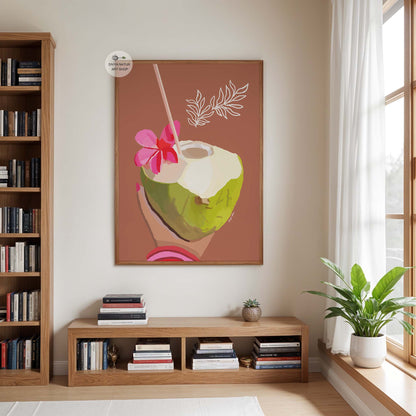 Café decor print featuring hand held green coconut