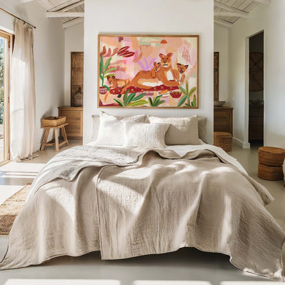 Modern wildlife art featuring mother lioness lounging on patterned mat with playful cubs nearby