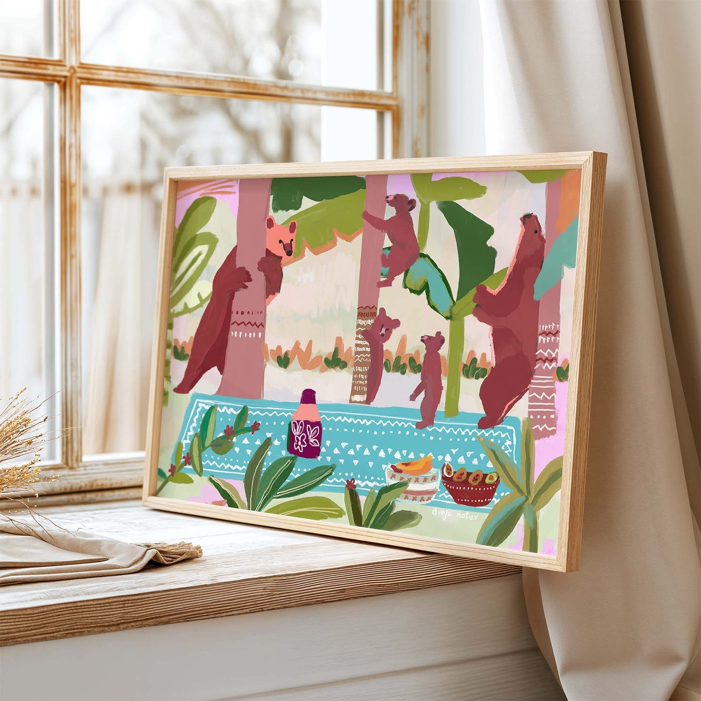 Archival fine art print of a bear family climbing trees and picnicking in whimsical forest setting