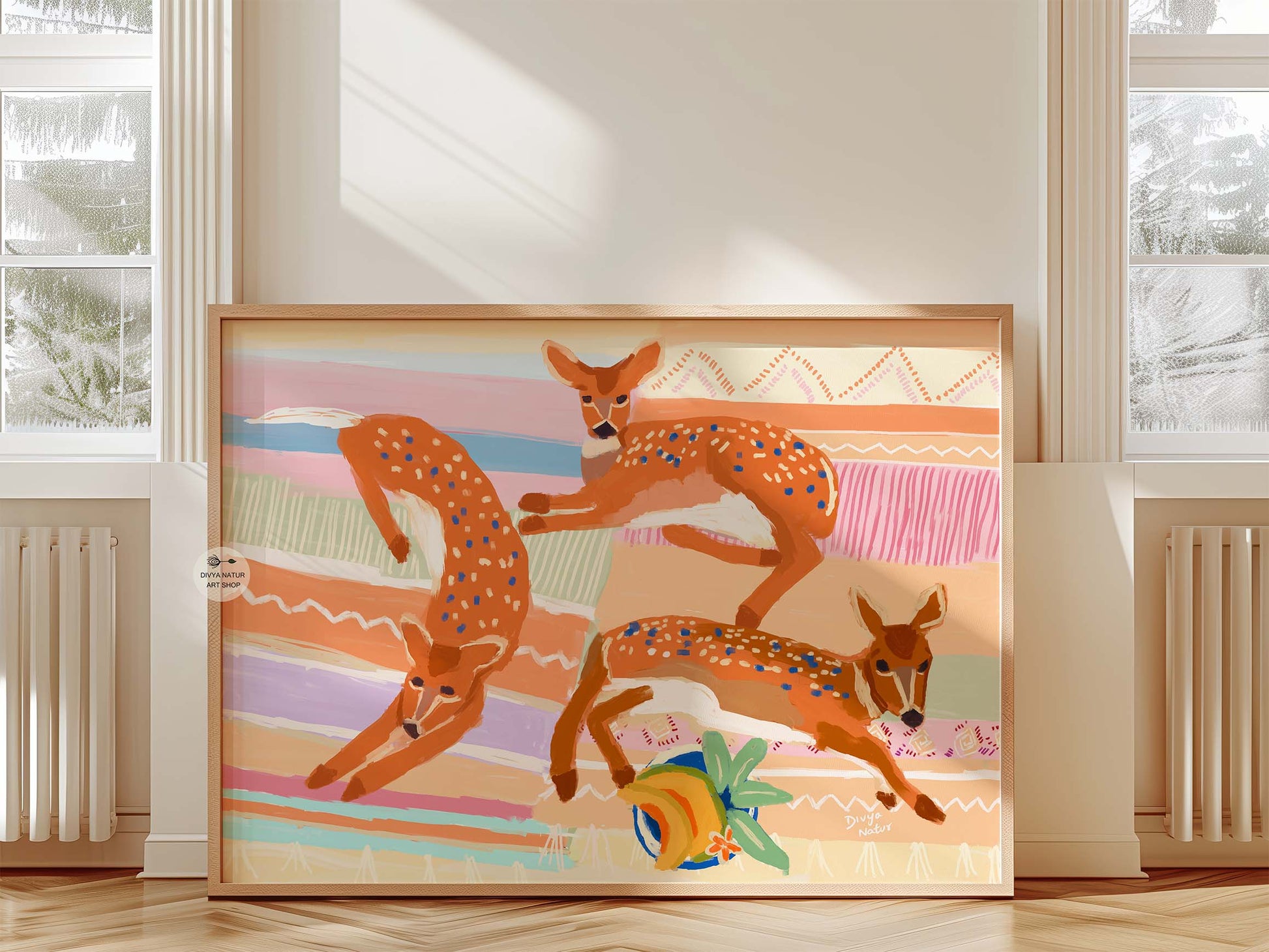 Whimsical deer wall print, modern animal artwork with colorful geometric details and joyful palette