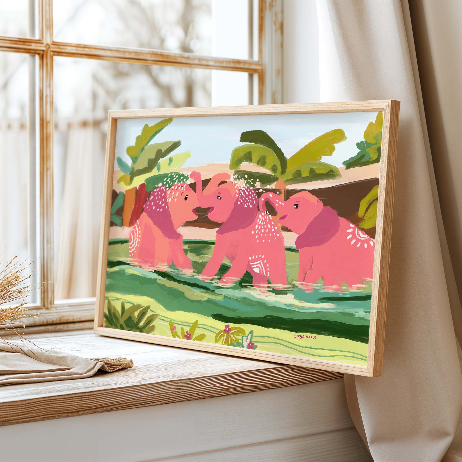 Elephant family art symbolizing playfulness and joy, archival giclée print for animal lovers
