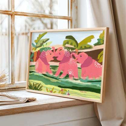 Elephant family art symbolizing playfulness and joy, archival giclée print for animal lovers