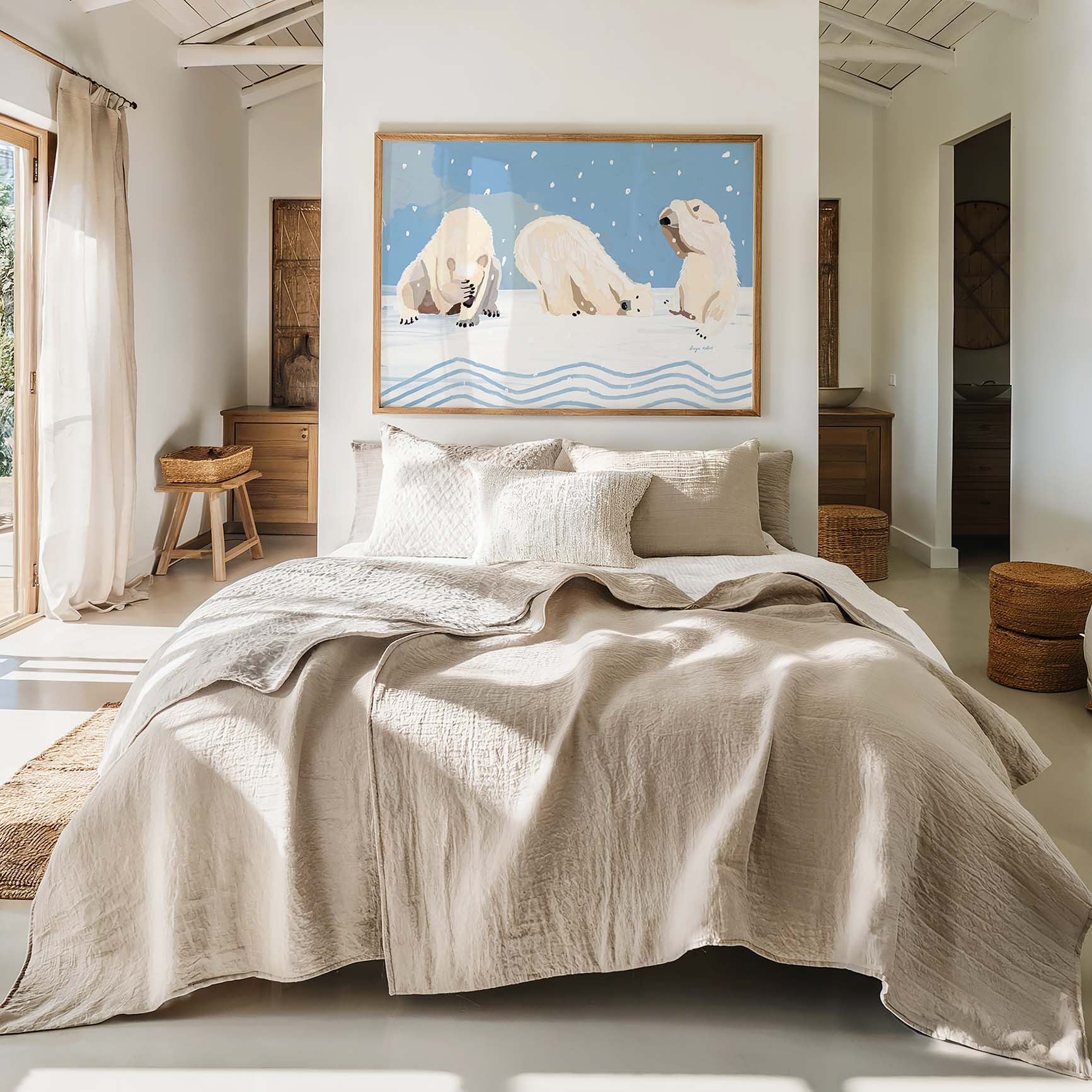 Modern polar bear wall art in icy blue palette, wildlife fine art print for winter-themed décor