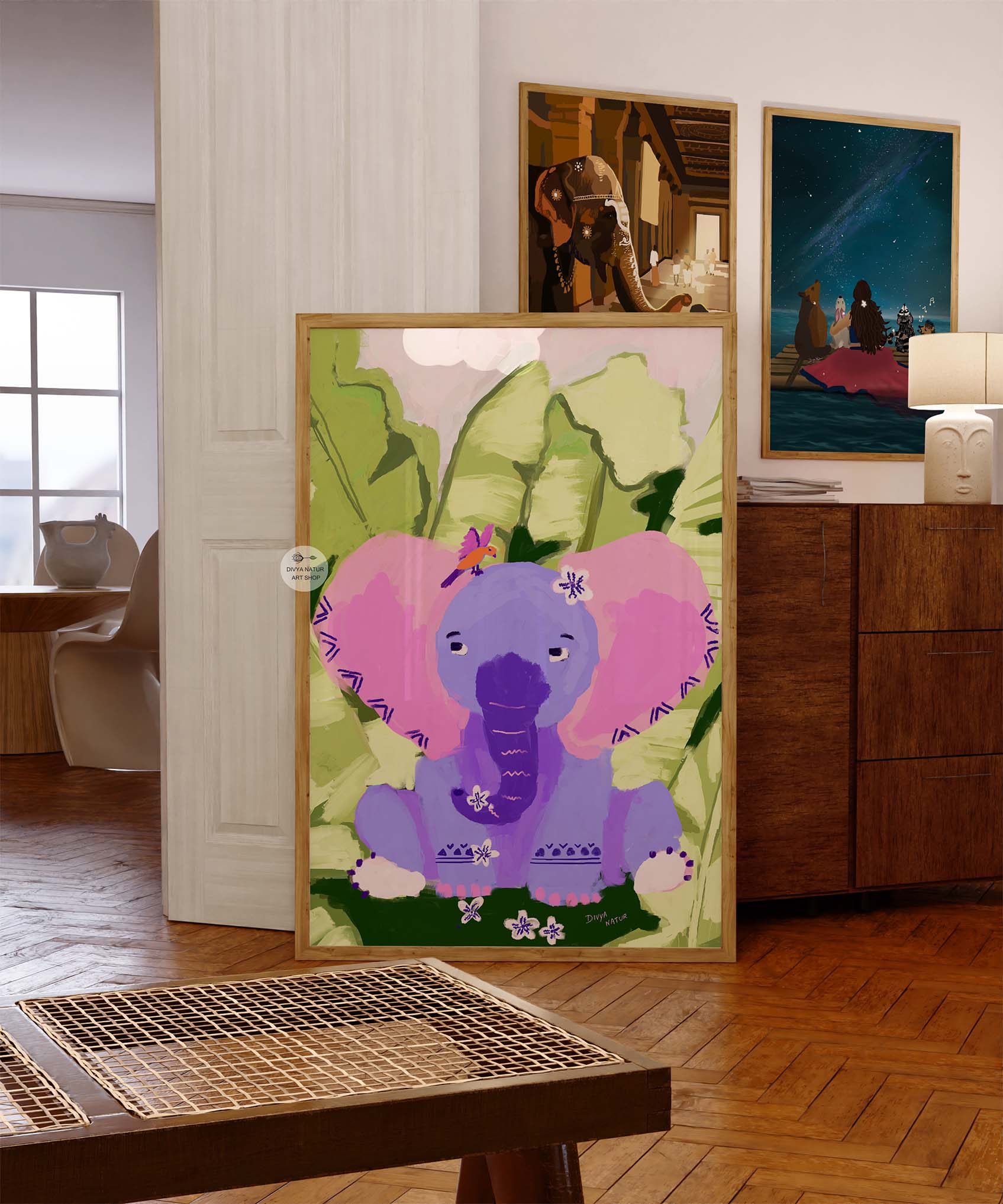 Cute purple elephant jungle wall art perfect for safari nursery and kids’ room decoration