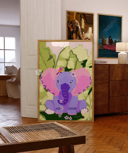 Cute purple elephant jungle wall art perfect for safari nursery and kids’ room decoration