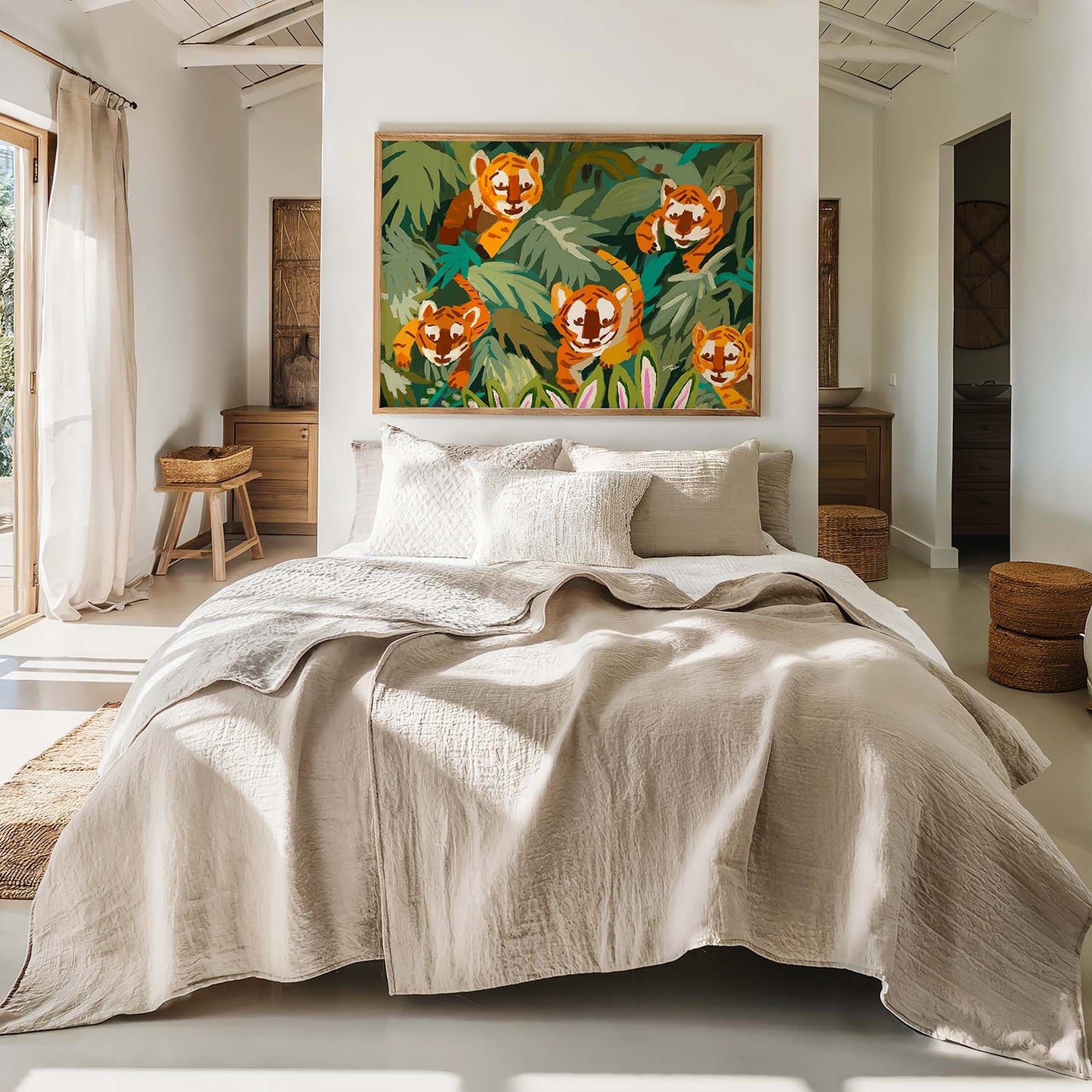 Cute tiger cubs peeking from tropical foliage, vibrant wildlife fine art print for kids’ décor