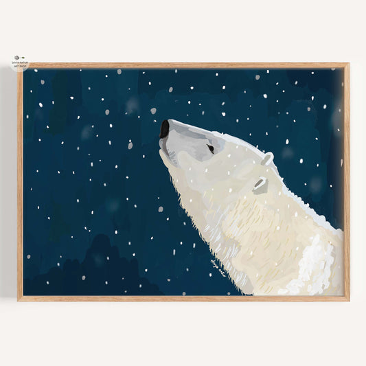 Framed artwork of a polar bear howling against a snowy night sky.