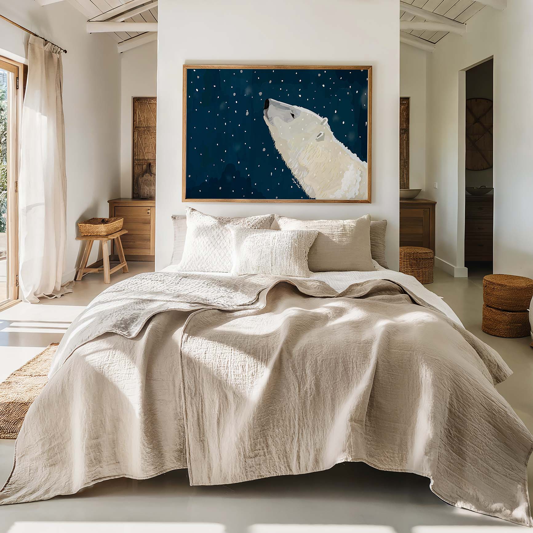 Polar bear under snowy star-filled sky, dreamy wildlife art print in indigo and ivory tones