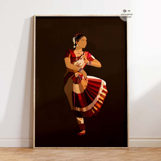 Bharatanatyam dancer digital art print in traditional red and gold attire
