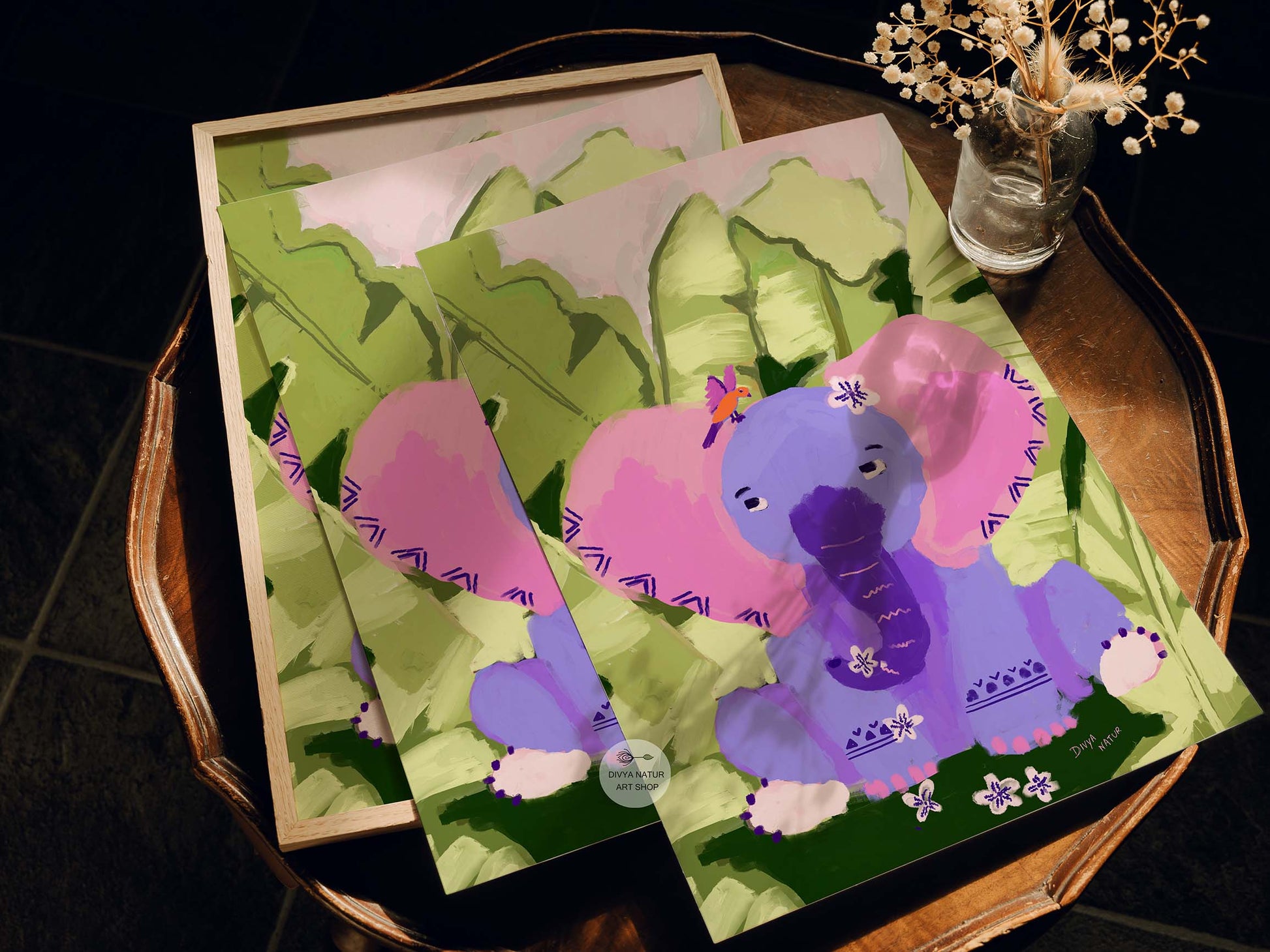 Baby elephant nursery illustration with pink ears, tropical leaves, and whimsical details