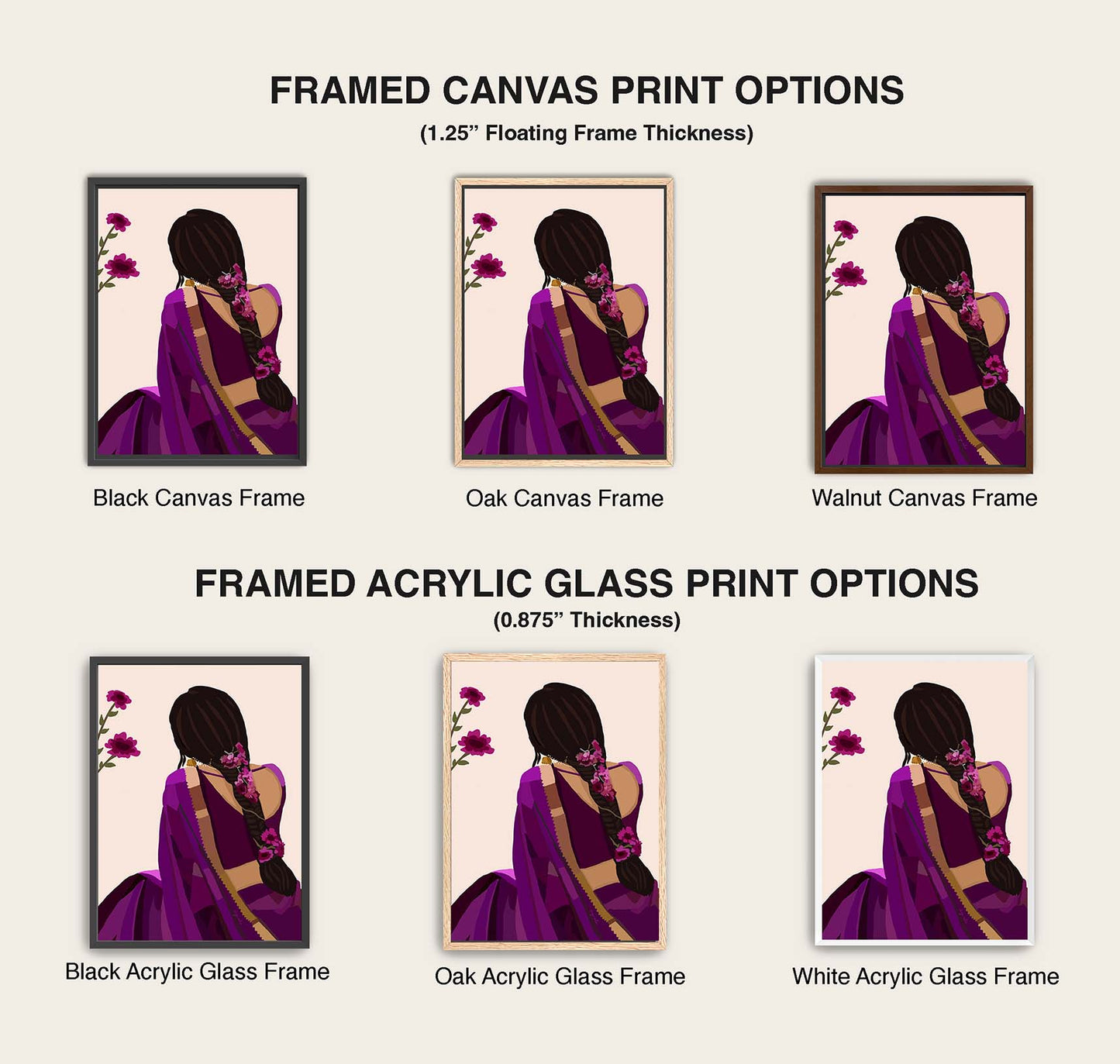 Ethnic fine art print of lady in purple silk saree with braid and blossoms