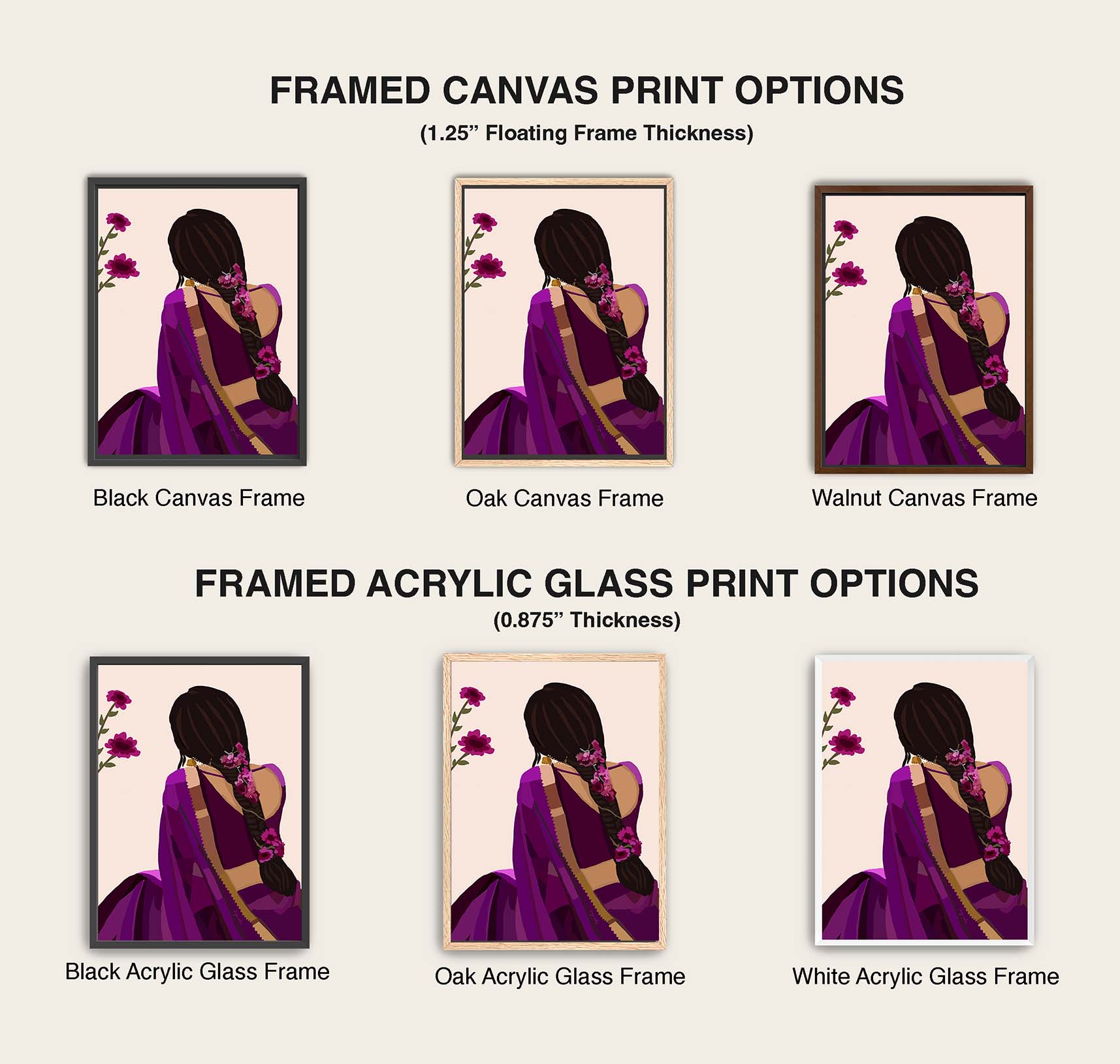 Ethnic fine art print of lady in purple silk saree with braid and blossoms