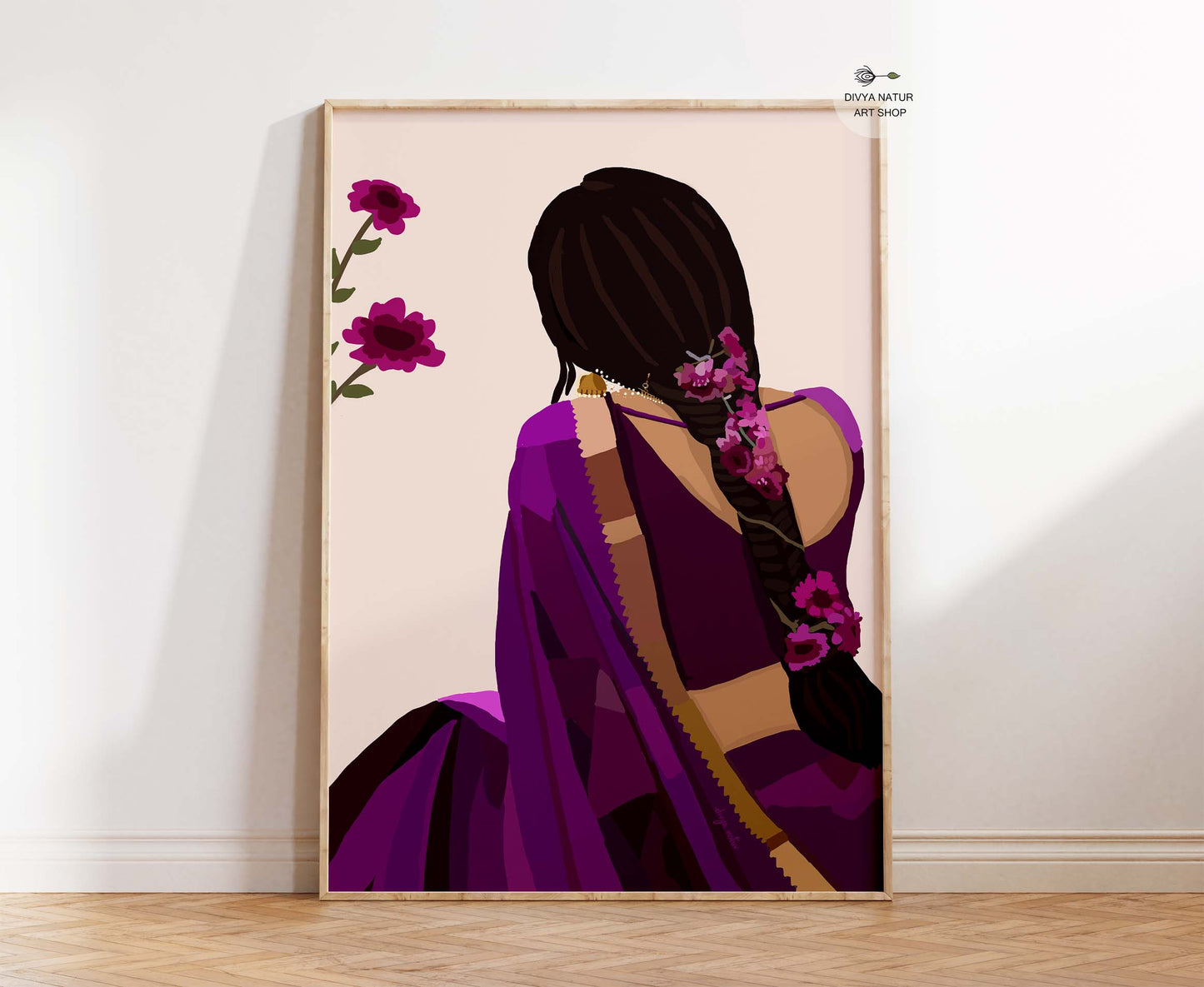 Premium fine art print of Indian woman in purple saree with floral braid hairstyle