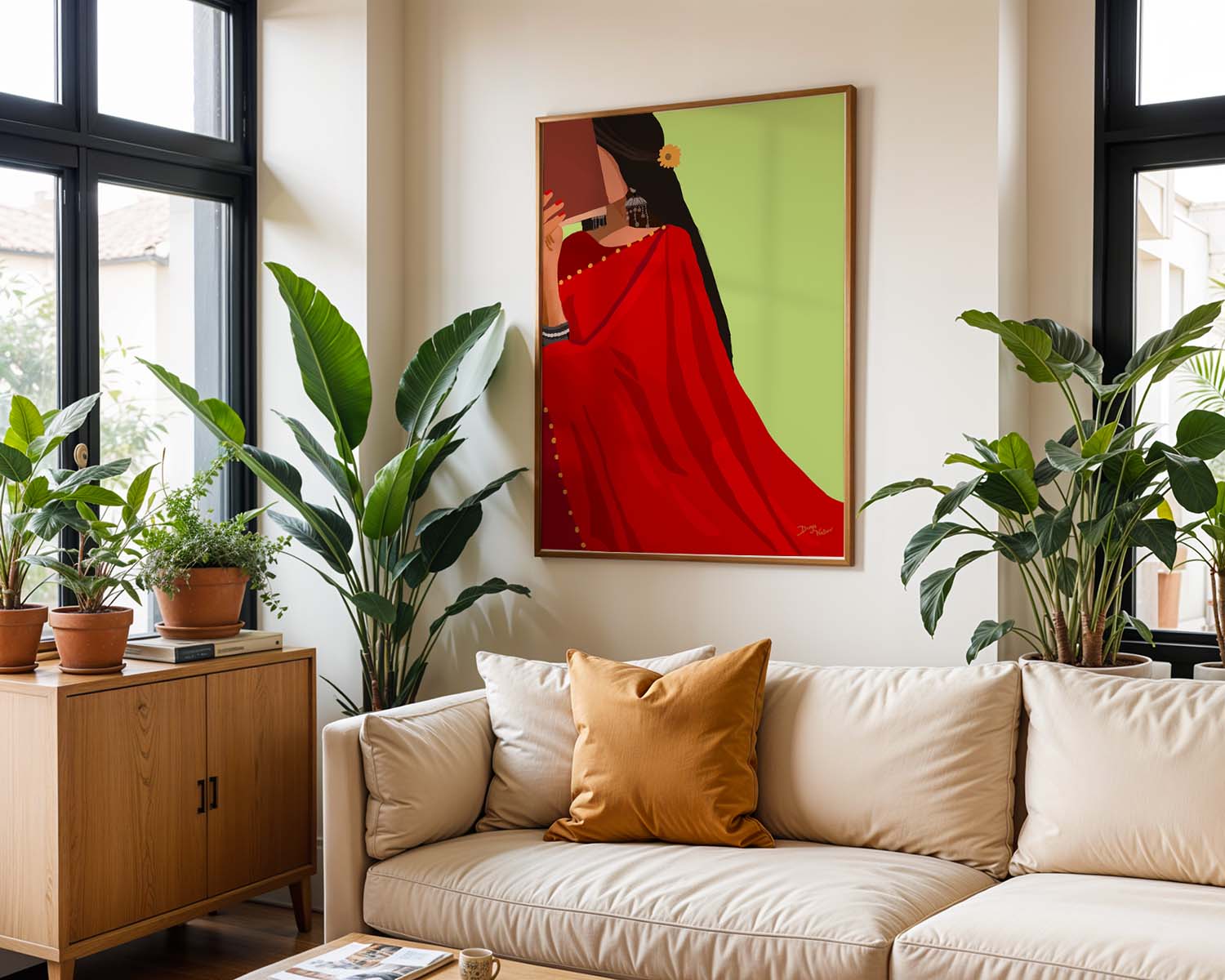 Graceful woman in a red saree enjoying a book, hand-painted art.