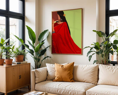 Graceful woman in a red saree enjoying a book, hand-painted art.