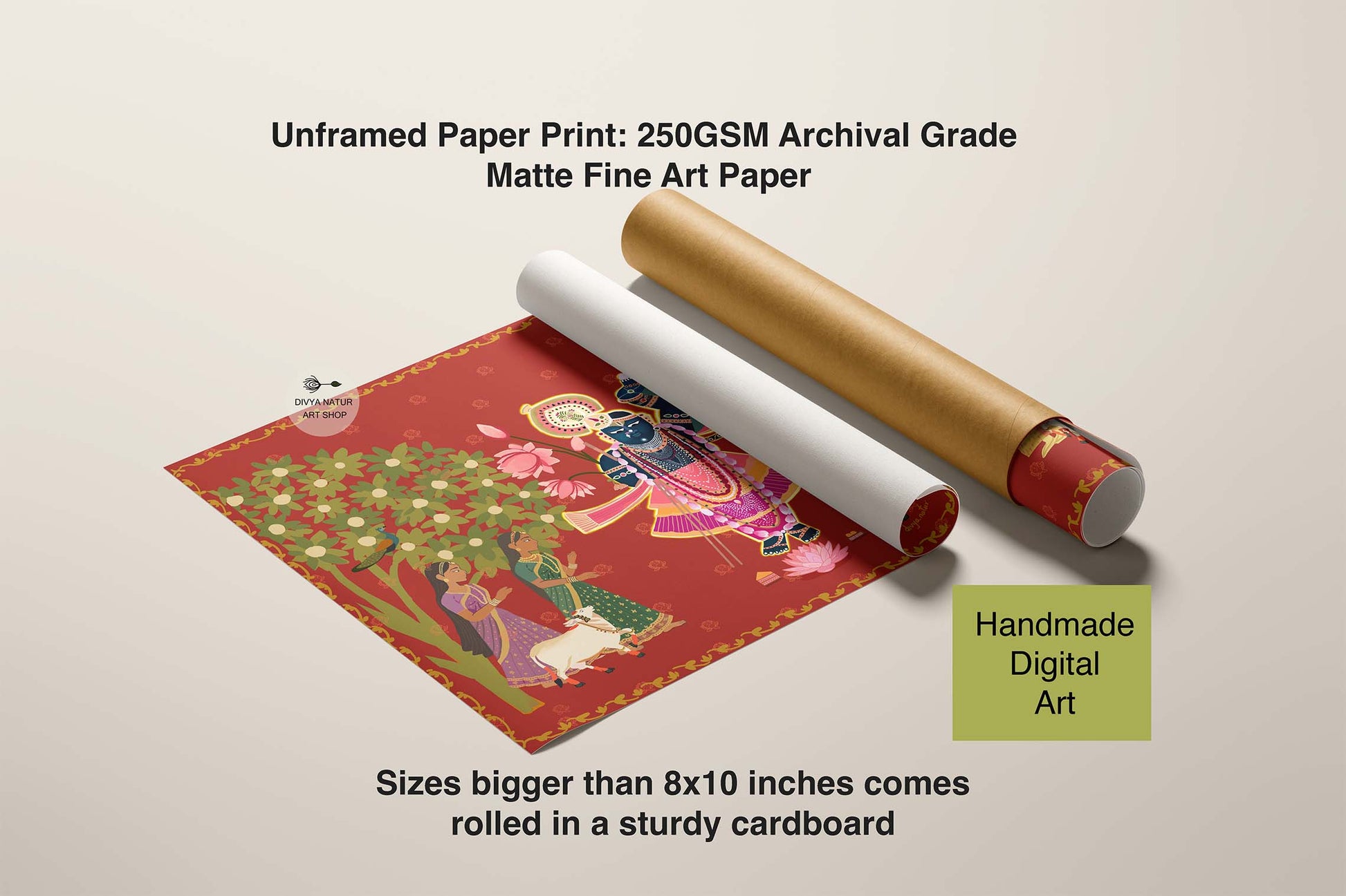 Handcrafted digital fine art print of Krishna and gopis for spiritual home decor and meditation walls.