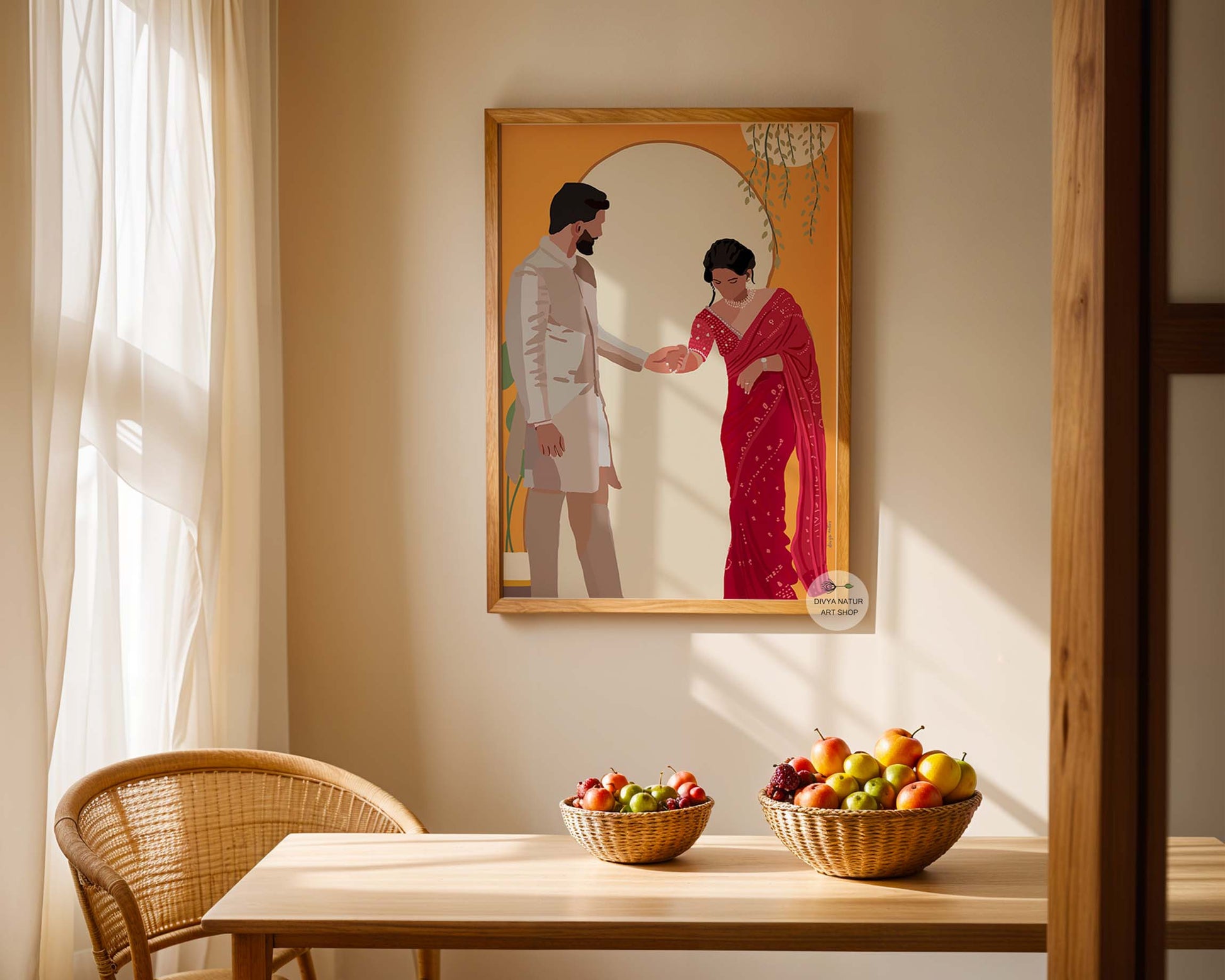 Vibrant and modern Indian wedding illustration with natural greenery.

