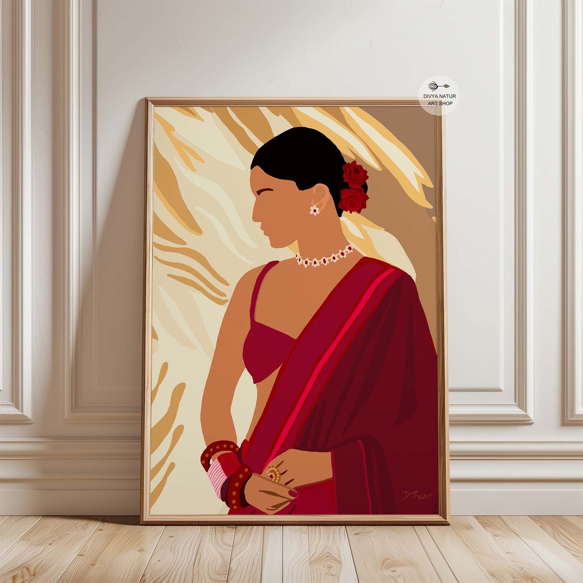 Timeless red saree artwork with cultural and feminine elements.