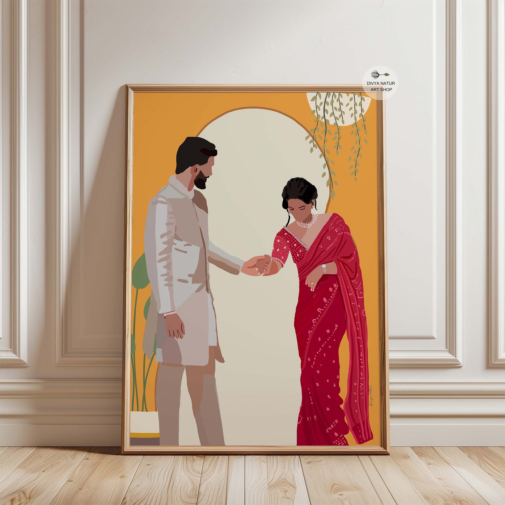 Faceless art of an Indian couple exuding romance and sophistication.