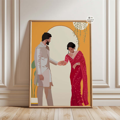 Faceless art of an Indian couple exuding romance and sophistication.