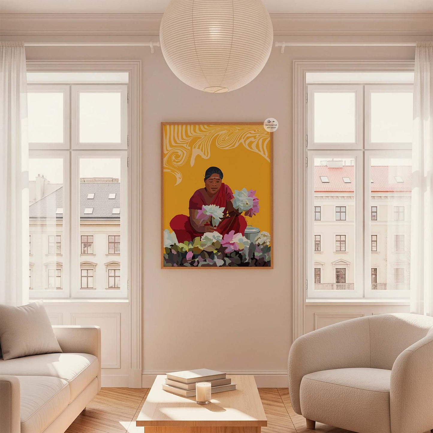 South Indian art print featuring woman and lotus, inspired by Hindu cultural motifs.