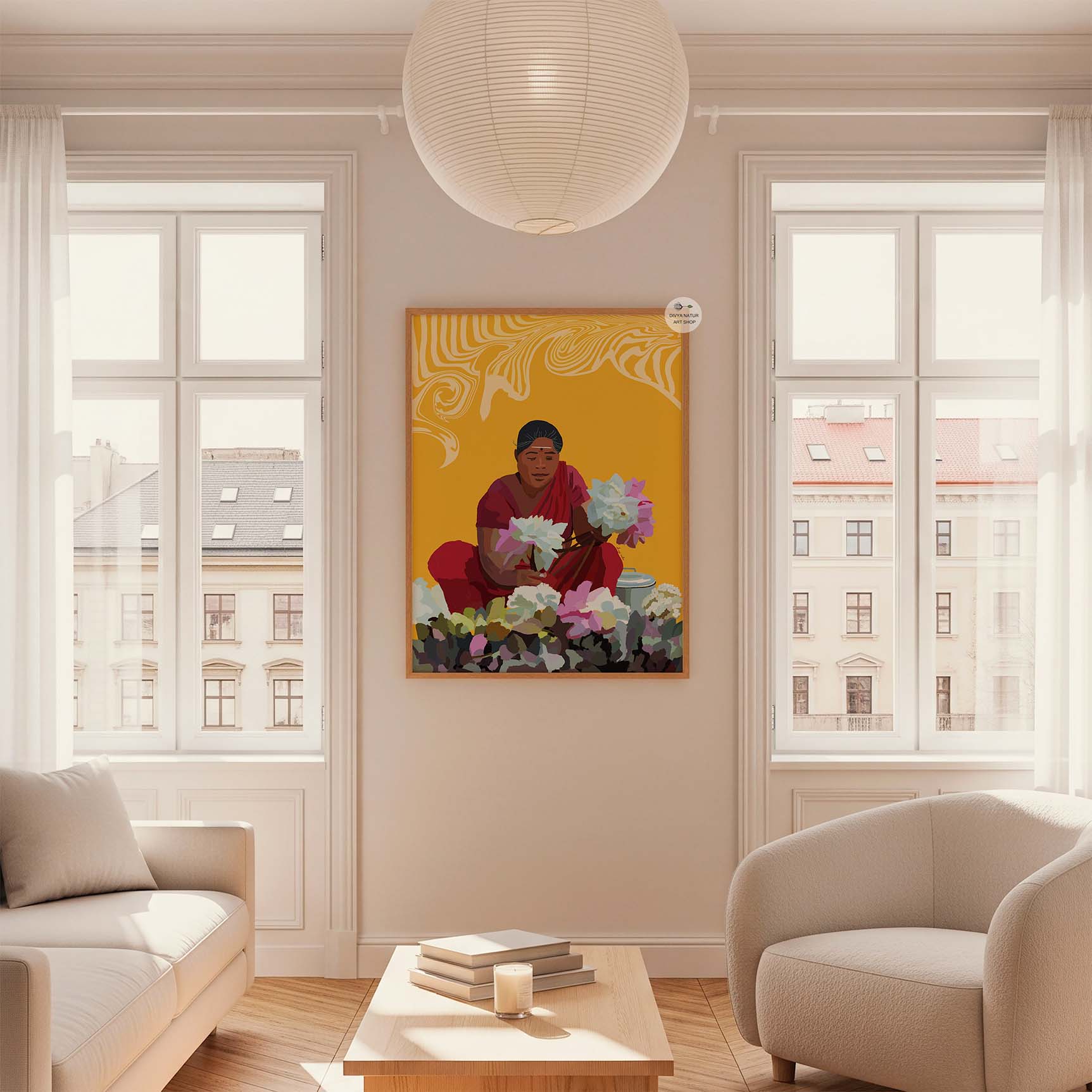 South Indian art print featuring woman and lotus, inspired by Hindu cultural motifs.