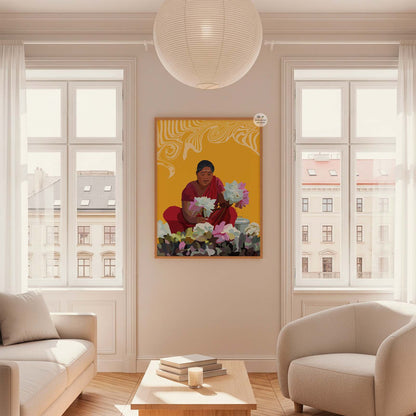 South Indian art print featuring woman and lotus, inspired by Hindu cultural motifs.