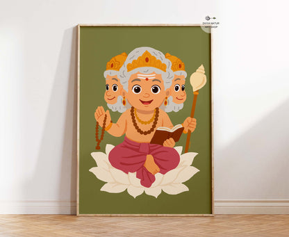 Cute Lord Brahma fine art print showing Hindu God of creation seated on lotus in cartoon style