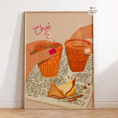 Indian chai wall art featuring two terracotta kulhad tea cups and a samosa