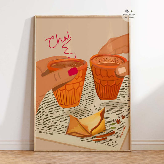Indian chai wall art featuring two terracotta kulhad tea cups and a samosa