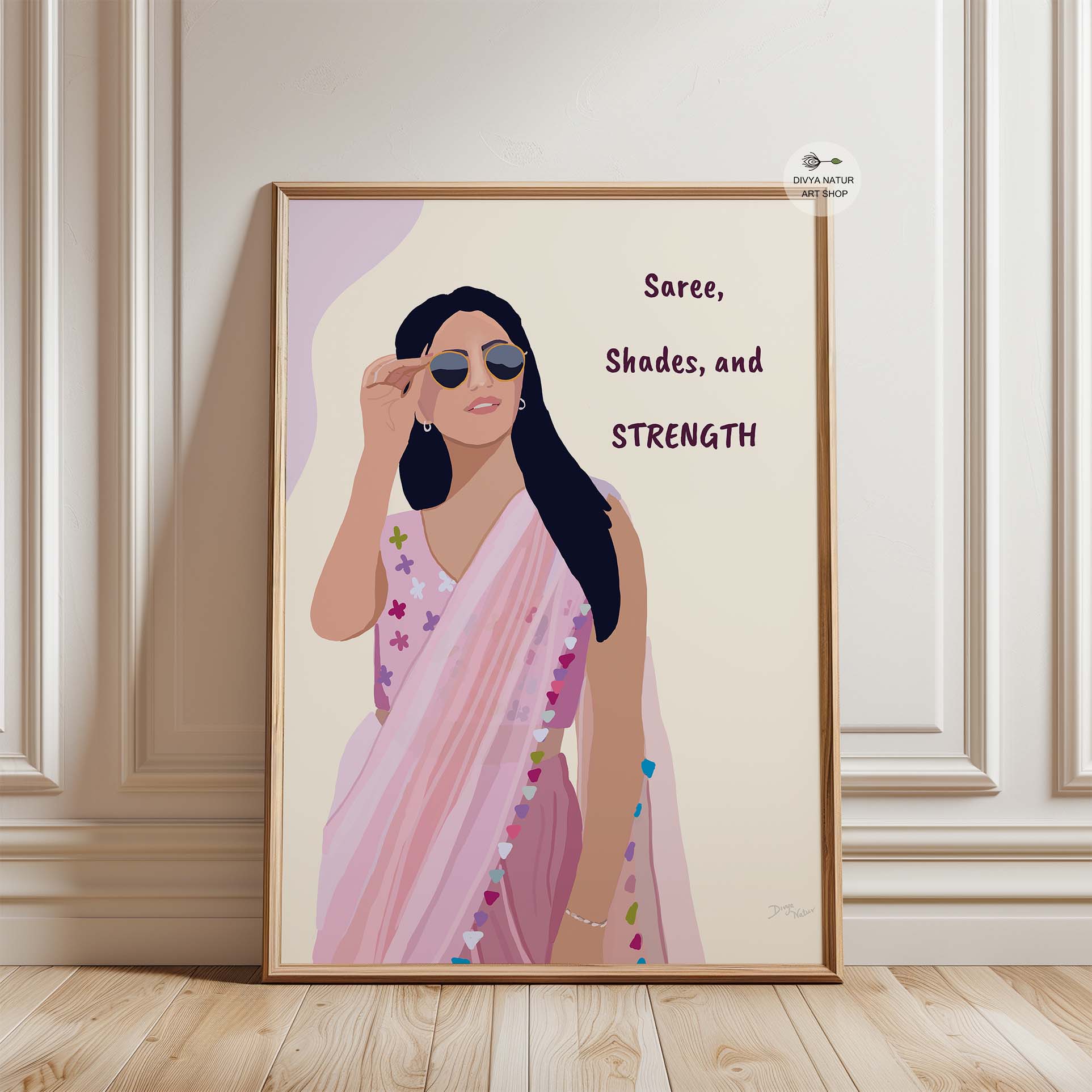 Inspirational art featuring a woman in pink saree with sunglasses, showcasing elegance.