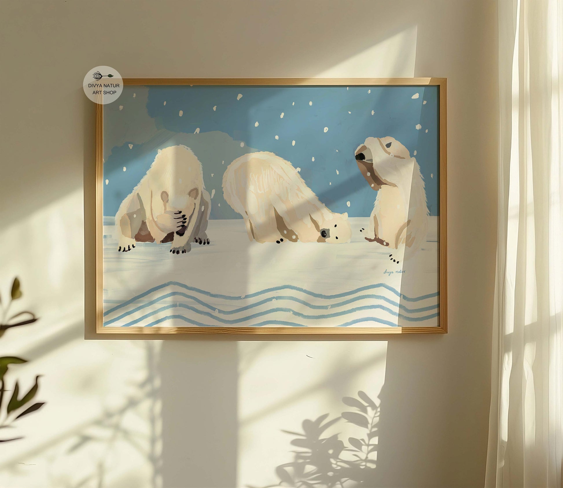 Polar bear illustration of three playful bears in snow, whimsical wildlife print for animal lovers