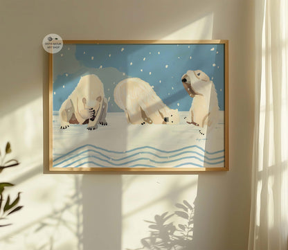 Polar bear illustration of three playful bears in snow, whimsical wildlife print for animal lovers