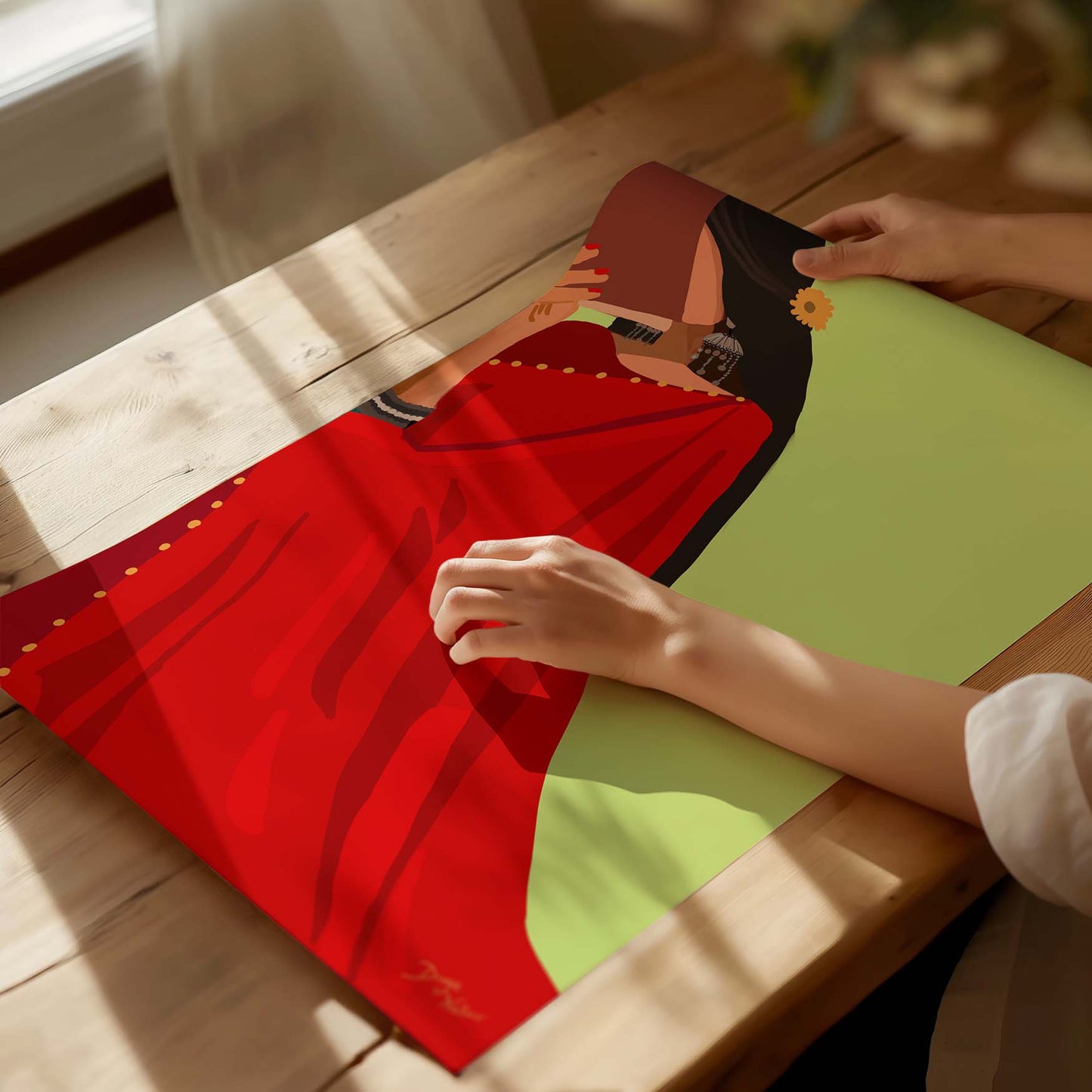Vibrant red saree and book reading woman Indian painting.
